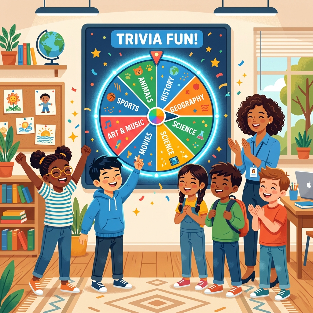 Students interacting with digital spin wheel in classroom