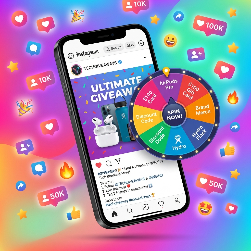 Instagram giveaway wheel smartphone mockup illustration