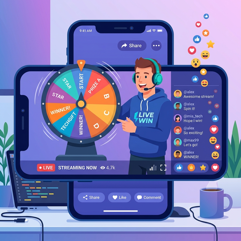 Presenter spinning a lucky wheel on a mobile live stream flat vector illustration